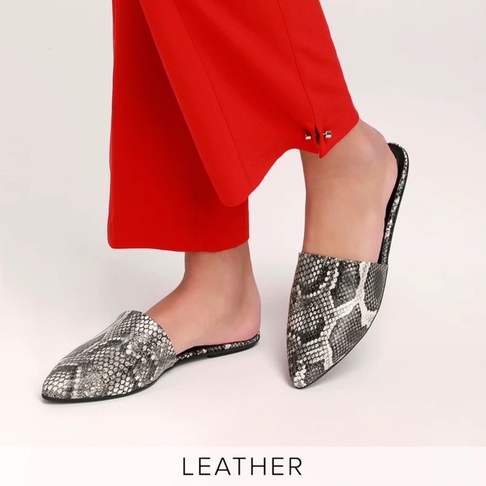 Lulus Lorena Leather Black and White Snake Pointed-Toe Slides